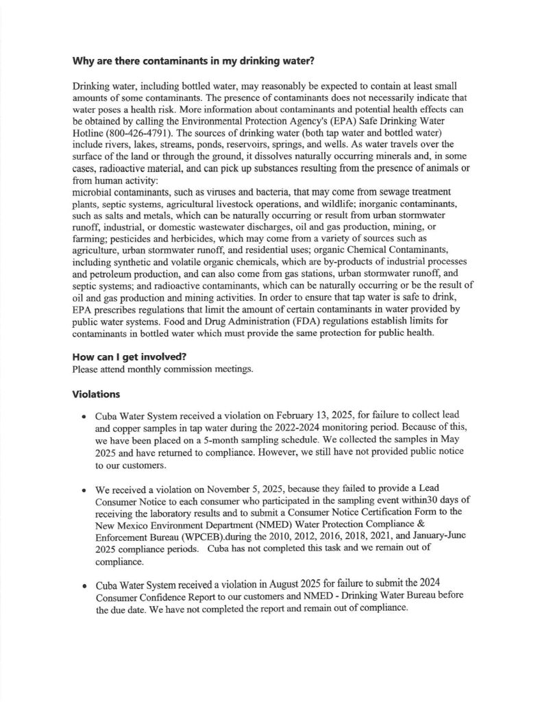 Page 2 of scanned black and white text document titled "2025 Cuba Water System Consumer Confidence Report" Section Headers are "Why are there contaminants in my drinking water?" "How can I get involved?" "Violations" For more information about this report, please contact Denny Herrera, PO Box 426 Cuba NM 87013, 505-290-9248