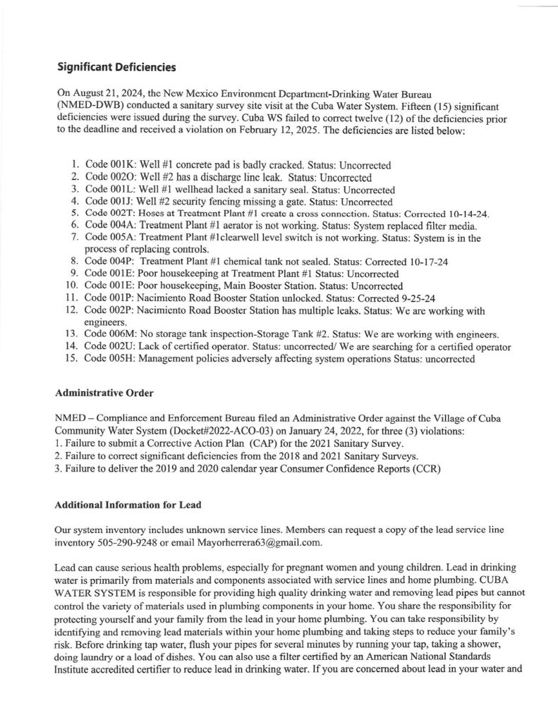 Page 3 of scanned black and white text document titled "2025 Cuba Water System Consumer Confidence Report" Section Headers are "Significant Deficiencies" "Administrative Order" "Additional Information for Lead" For more information about this report, please contact Denny Herrera, PO Box 426 Cuba NM 87013, 505-290-9248, mayorherrera63@gmail.com