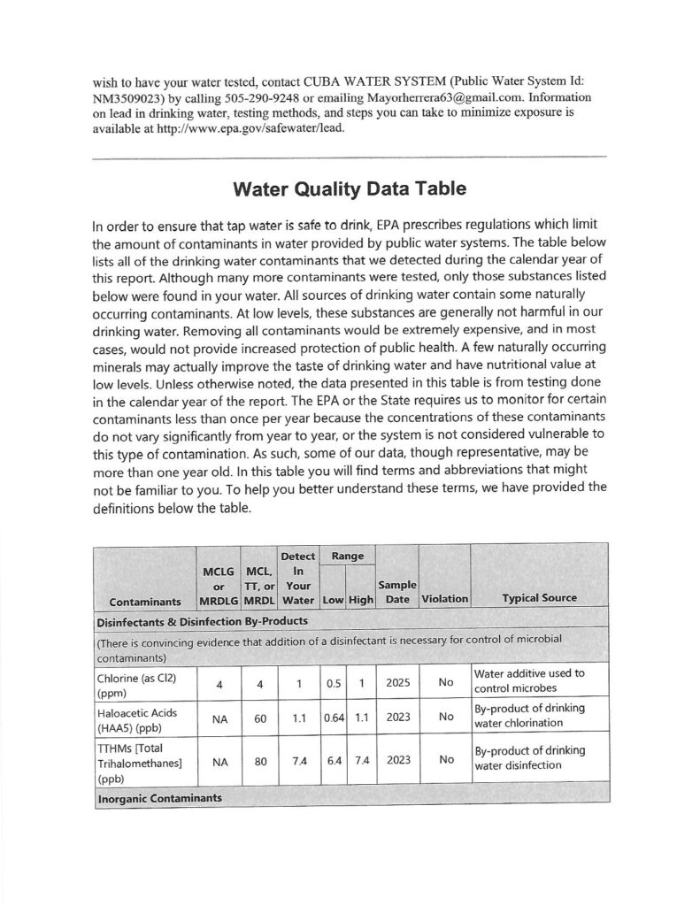 Page 4 of scanned black and white text document titled "2025 Cuba Water System Consumer Confidence Report" Section Header is "Water Quality Data Table" For more information about this report, please contact Denny Herrera, PO Box 426 Cuba NM 87013, 505-290-9248, mayorherrera63@gmail.com