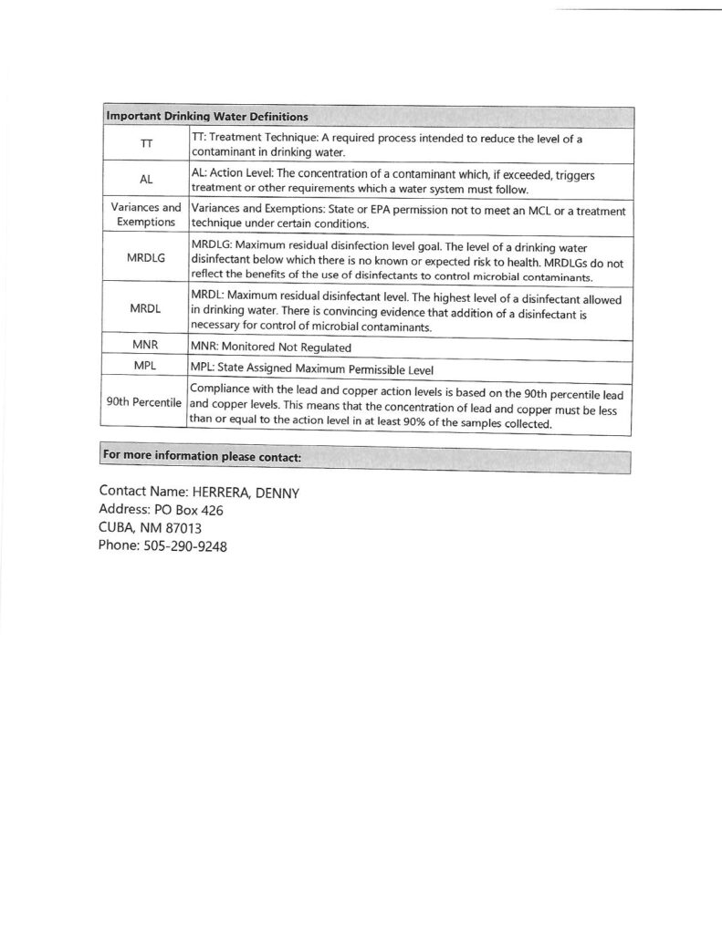 Page 7 of scanned black and white text document titled "2025 Cuba Water System Consumer Confidence Report" section headers include "Important Drinking Water Definitions" For more information about this report, please contact Denny Herrera, PO Box 426 Cuba NM 87013, 505-290-9248, mayorherrera63@gmail.com