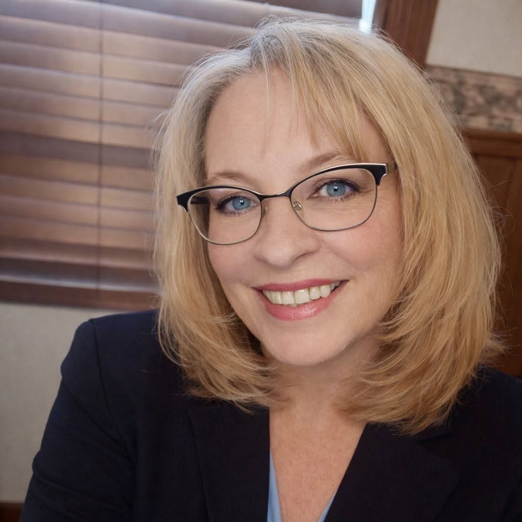 Headshot of woman facing front smiling with blue eyes, blonde hair, wearing dark jacket and wireframe glasses