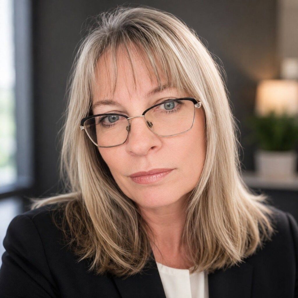 Person facing forward with light long hair and bangs, blue eyes, wearing wire rimmed glasses and a dark jacket over white shirt.